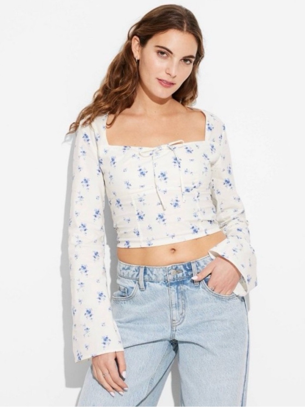 NWT Wild Fable Women's Long Sleeve Cotton Milkmaid Top Cream & Blue Floral SZ L